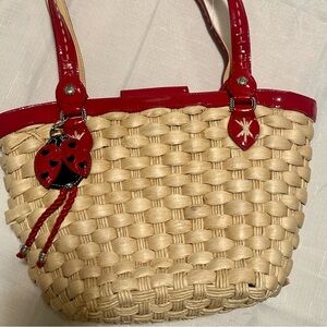 BRIGHTON Ladybug Metal Heart Straw/Red Leather Trim Lined Tote…Gorgeous!